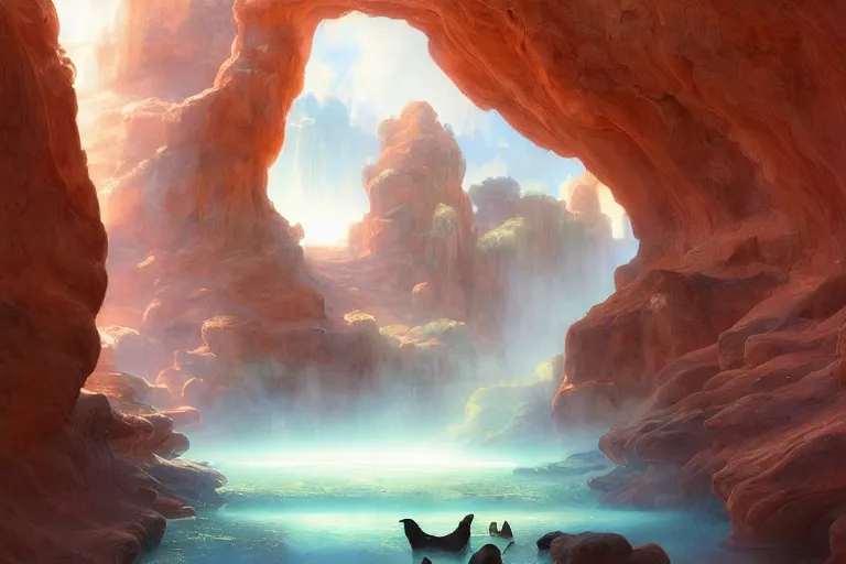 Image similar to Celestial majestic luxurios futuristic other worldly realm with Singaporean royal gold lush volcano, set on Antelope Canyon with white thermal waters flowing down pink travertine terraces, relaxing, ethereal and dreamy, visually stunning, from Star Trek 2021, illustration, by WLOP and Ruan Jia and Mandy Jurgens and William-Adolphe Bouguereau, Artgerm