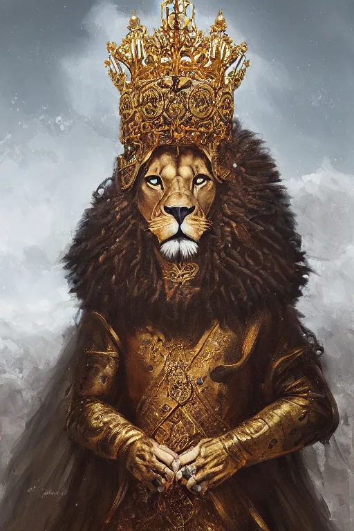 Prompt: an oil painting portrait of a lion wearing medieval royal robe and an ornate crown on a dark background, digital Art, concept Art, highly detailed, 3-D 4K, trending on art station, Award winning, Mark Brooks