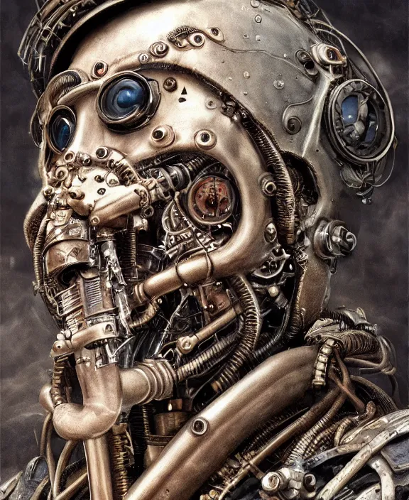 Prompt: a detailed portrait of a steampunk cyborg man, by hr giger and beksinski and stephan martiniere, 4 k resolution, detailed, 3 d render, unreal engine, octane render, trending on artstation