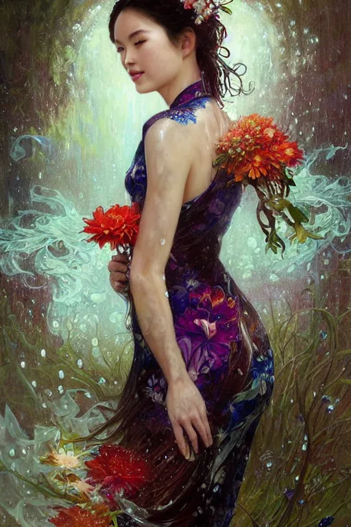 Image similar to portrait of a beautiful woman wearing a cheongsam dress, holding a bouquet of flowing flowers, drenched body, wet dripping hair, emerging from the water, fantasy, regal, fractal crystal, fractal gems, by stanley artgerm lau, greg rutkowski, thomas kindkade, alphonse mucha, loish, norman rockwell