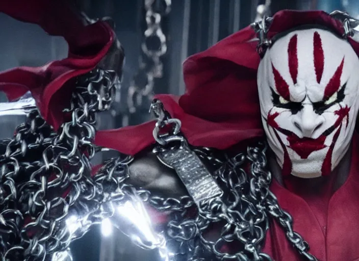 Image similar to film still of michael b jordan as spawn in the new spawn movie, giant chains, large cape, 8 k