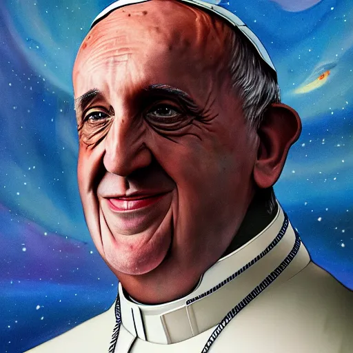 Prompt: a portrait painting of pope francis in a new alien world, weird planet, aliens, monsters, futuristic, hd, 8 k, 4 k, ultra detailed, trending on artstation,