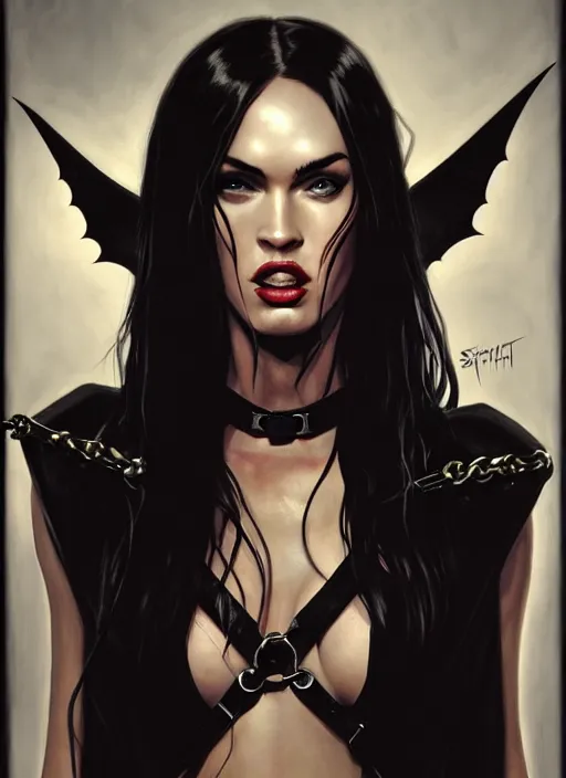 Prompt: portrait of megan fox as a evil demon, collar and leash, batwings, hell, dark, intricate, headshot, key visual, conceptart, ambient lighting, highly detailed, digital painting, artstation, concept art, sharp focus, by makoto shinkai and akihiko yoshida and greg manchess