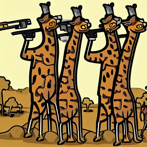 Image similar to giraffe army, holding guns and ammo, illustration, cartoon