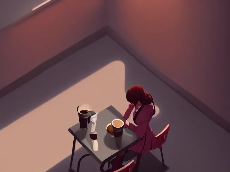 Prompt: a portrait of a lonely girl drinking coffee in an empty cafe, high angle, rule of thirds, digital painting, warm color scheme, dynamic lighting, octane, by sharandula and alice zhang and greg rutkowski, trending on artstation