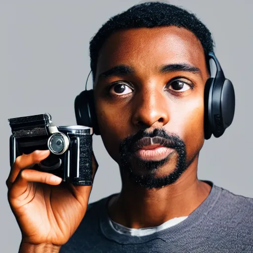 Prompt: black man at 20s with short hair, thin mustache, thin face, wearing headphones, with futuristic robot eyes, holding a film camera, realistic digital art