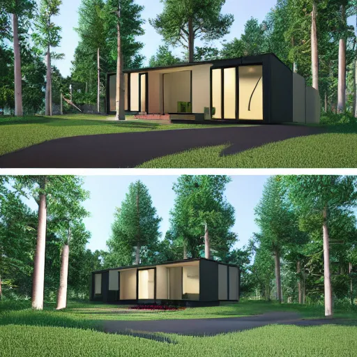 Prompt: a modern house in the woods. the house is the shape of a mobius strip with large picture windows. there are pine trees all around. digital art, 3 d render.