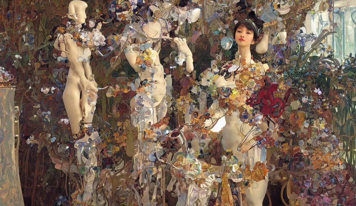 Image similar to Still of a humanoid robot creating art with painting, high detail, cinematic, art by tian zi and WLOP and alphonse mucha