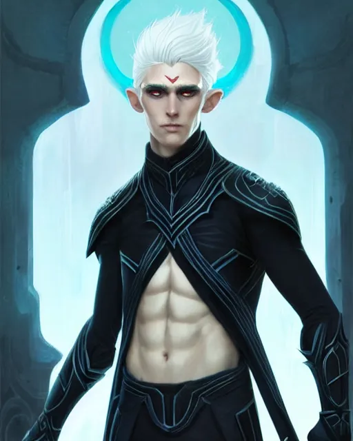 Prompt: character portrait of a slender young half elven man with white hair, piercing turquoise blue eyes, and pale blue skin, wearing sleek black armor, by greg rutkowski and mark brookes and jim burns and tom bagshaw and magali villeneuve, trending on artstation