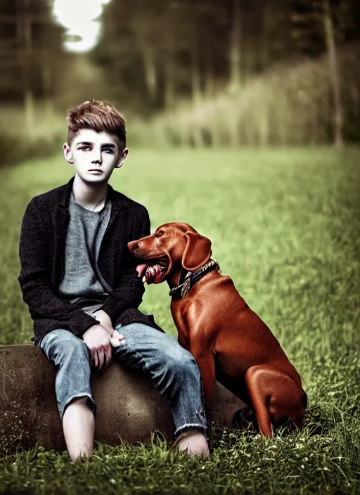 Image similar to emotiona fashion portrait photography of a young fragile and beautifull boy with a dog by julia hetta