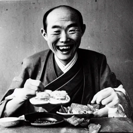 Prompt: a photo of a ecstatic man from qing empire eating a hamburger, award winning photo, high quality