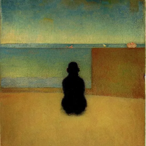 Image similar to a woman and her black and brown chihuahua looking out to sea by odilon redon