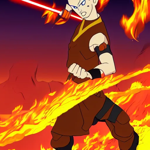Prompt: Cartoon style, Avatar Aang from the Last Airbender shooting fire at Anakin Skywalker from Star Wars Episode 3 next to lava on Mustafar