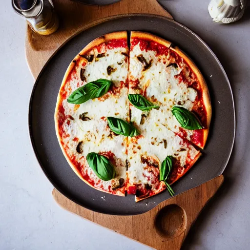 Prompt: pizza margherita, food photography, beautiful morning light