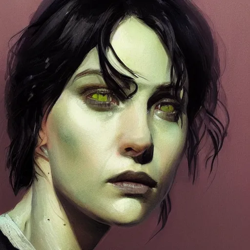 Image similar to Portrait of a woman by Greg Rutkowski, she is about 30 years old, pretty, messy black bob hair, pale round face, tired green eyes and she is wearing a black utilitarian jumper jumpsuit, highly detailed portrait, digital painting, artstation, concept art, smooth, sharp foccus ilustration, Artstation HQ.