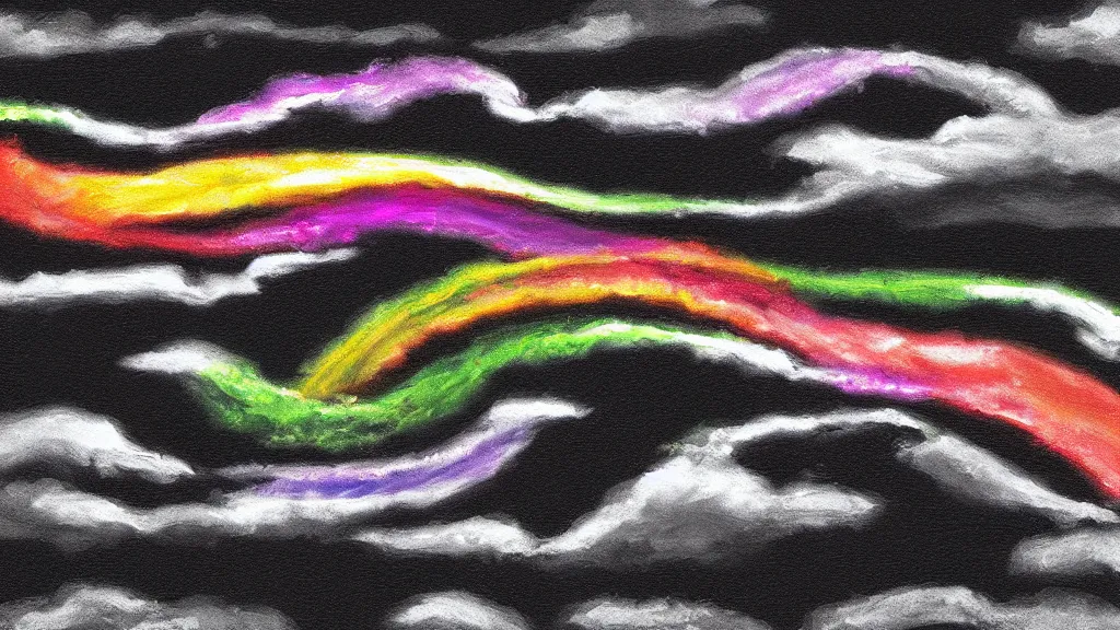 Prompt: digital painting of twisting rainbow in black sky. black puffy clouds. slanting rain.