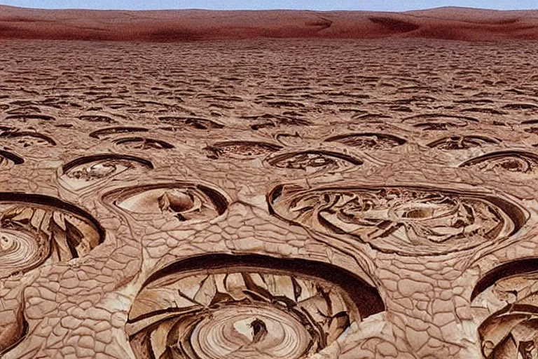 Image similar to a mysterious alien desert landscape with giant fractal shell buildings by James gurney and Jim burns