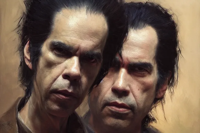 Prompt: a portrait of nick cave, masterpiece, dramatic lighting, stunning painting by ruan jia