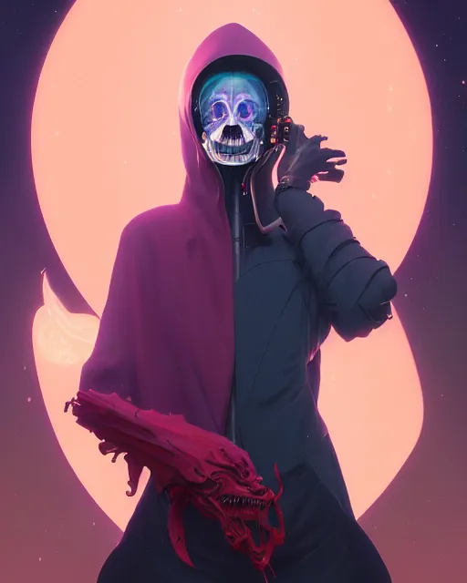 Image similar to highly detailed surreal vfx portrait of a spacepunk grim reaper, stephen bliss, unreal engine, greg rutkowski, loish, rhads, beeple, makoto shinkai and lois van baarle, ilya kuvshinov, rossdraws, tom bagshaw, alphonse mucha, global illumination, detailed and intricate environment