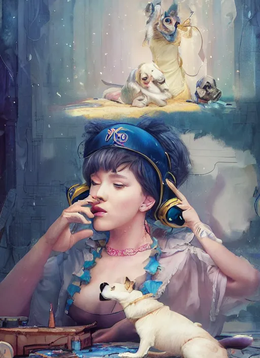 Image similar to beautiful fantasy painting of a Hiphop Lofi attractive princess and her corgi chilling to music, by Kenne Gregoire, James Jean, Tran Nguyen, WLOP, Jakub Rebelka. trending on Artstation, 8k, masterpiece, face enhance, graffiti paint, fine detail, full of color, intricate detail, golden ratio illustration