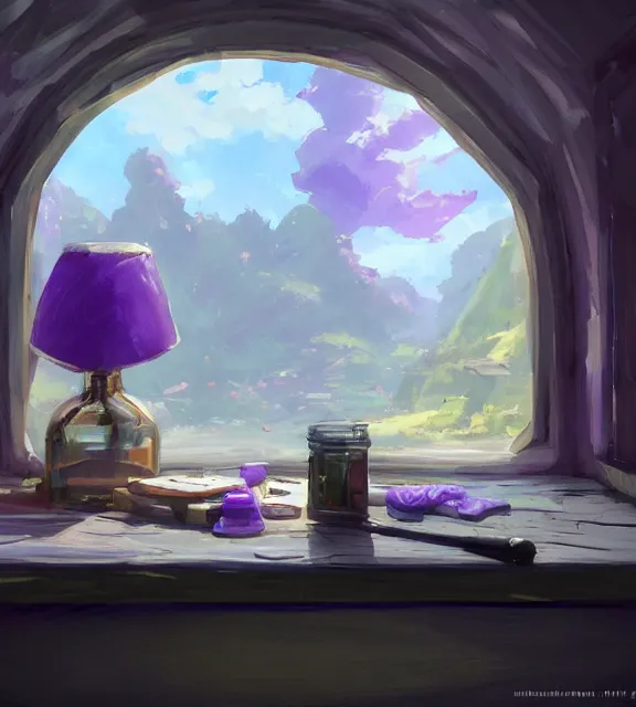 Image similar to a purple potion in a round bottle on a messy brown table, papers, sunlight, window, reflections. by makoto shinkai, stanley artgerm lau, wlop, rossdraws, james jean, andrei riabovitchev, marc simonetti, krenz cushart, sakimichan, d & d trending on artstation, digital art