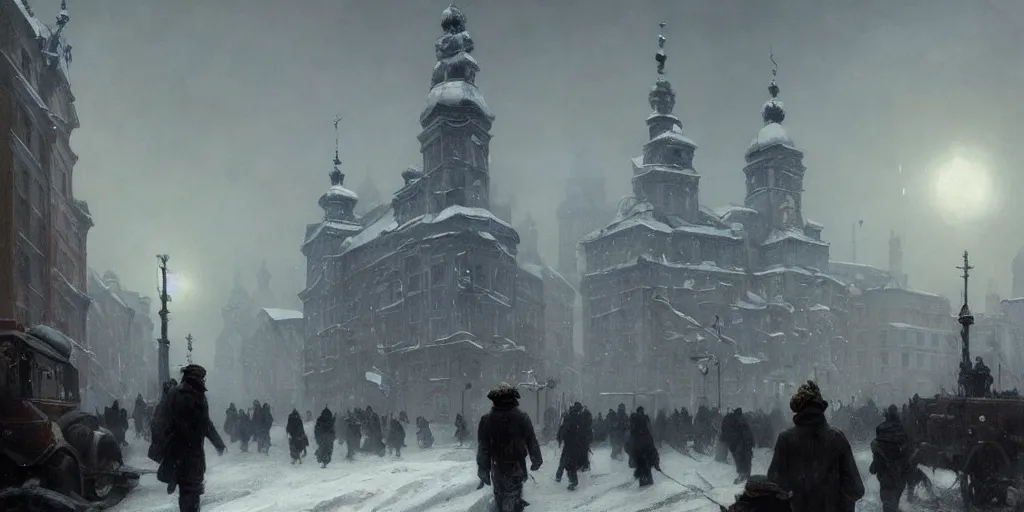 Prompt: snowpiercer travels through the icy city of warsaw, poland. frostpunk by greg rutkowski, gustave courbet, rosa bonheur, edward hopper. faithfully depicted architecture, realistic, sharp focus, global illumination, radiant light, detailed and intricate environment, trending on artstation