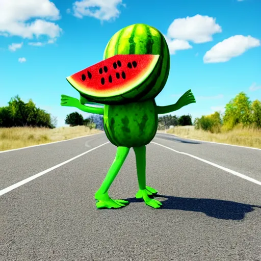 Prompt: 3 d render of a watermelon with arms and legs, walking across the road wearing sunglasses, digital art