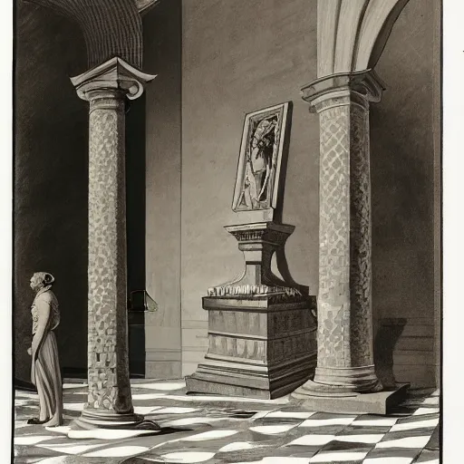 Prompt: a beautiful illustration of a man standing in front of a large, empty room. the floor is covered in a checkerboard pattern, and the walls are lined with roman columns. the man is looking at a bust of a woman that is sitting on a pedestal in the center of the room. by stanisław szukalski, by thechamba placid
