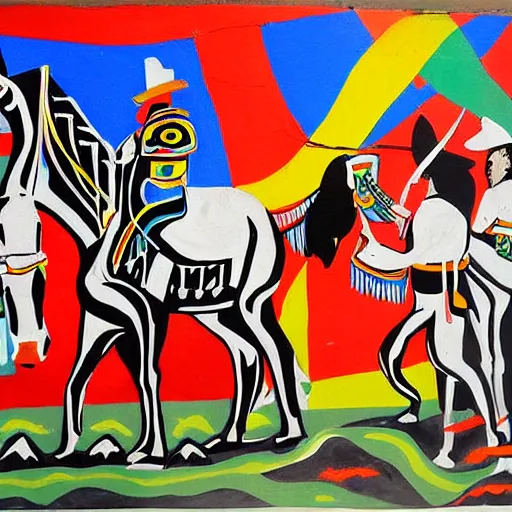 Image similar to Mural painting from a culture inspired by cowboys, Tuaregs and samurais