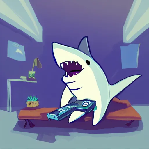 Prompt: humanoid shark playing videogames, digital art, trending on artstation