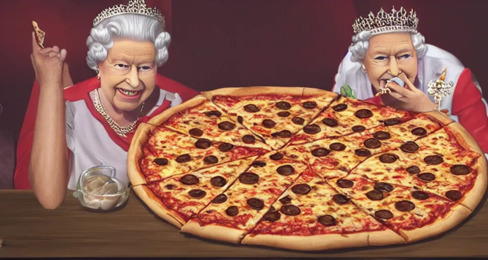 Image similar to the queen eating a pizza, 4k, photorealistic, hyper detailed