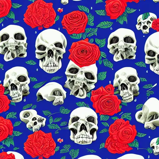 Image similar to ortographic view of large skulls and vivid roses by Jen Bartel and Dan Mumford and Satoshi Kon, gouache illustration