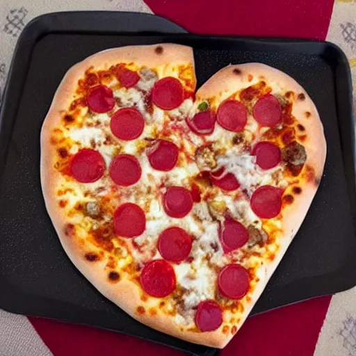 Image similar to heart shaped magerhita pizza with alot of cheese, 4 - 5 cherry tomata served on a wooden plate, ( ( ( no pepperoni ) ) )