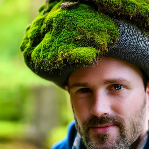 Image similar to portrait of a man with hat made of moss, 4k, full shot, high details, natural light, Forrest in background