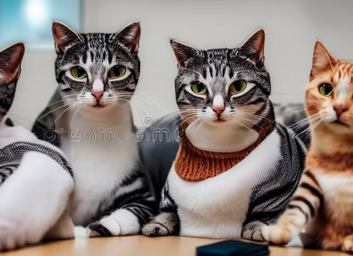 Image similar to photo of a management board meeting of well dressed cats. Highly detailed 8k. Intricate. Sony a7r iv 55mm. Stock photo.