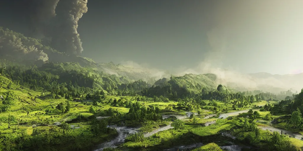 Prompt: a beautiful landscape photograph of a lush green high sided valley in summertime with a busy dirty industrial city architecture dominant on the valley side, smoke from chimneys, pipelines, cables, a trickling stream of poisonous water at the bottom of the valley, pollution, toxic slime, toxic air, corona render, matte painting, god rays volume light, 4 k