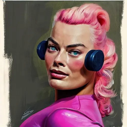 Prompt: greg manchess portrait of margot robbie as thick very muscular weightlifter zarya from overwatch with ponytail and curly pink hair, medium shot, asymmetrical, profile picture, organic painting, sunny day, matte painting, bold shapes, hard edges, street art, trending on artstation, by huang guangjian and gil elvgren and sachin teng