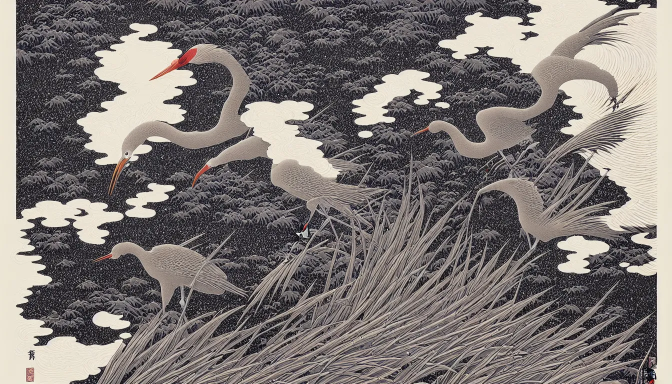 Prompt: japanese crane by woodblock print, nicolas delort, moebius, victo ngai, josan gonzalez, kilian eng