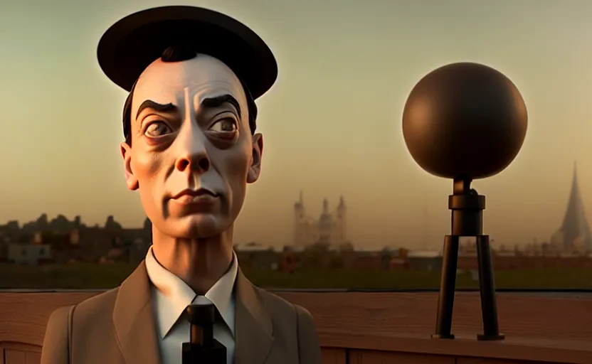 Image similar to buster keaton in disney pixar style, volumetric lighting, octane render, unreal engine, very detailed