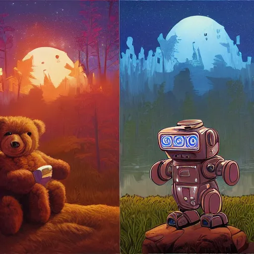 Image similar to a paint of dan mumford, of a robotic teddy bear painting a picture of a cute bear, in the background an apocalyptic panorama, artstation