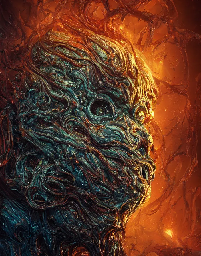 Prompt: horrific monster portrait. burning water distortions. intricate abstract. intricate artwork. rows of sharp teeth. by Tooth Wu, wlop, beeple, dan mumford. octane render, trending on artstation, greg rutkowski very coherent symmetrical artwork. cinematic, hyper realism, high detail, octane render, 8k, depth of field, bokeh. iridescent accents