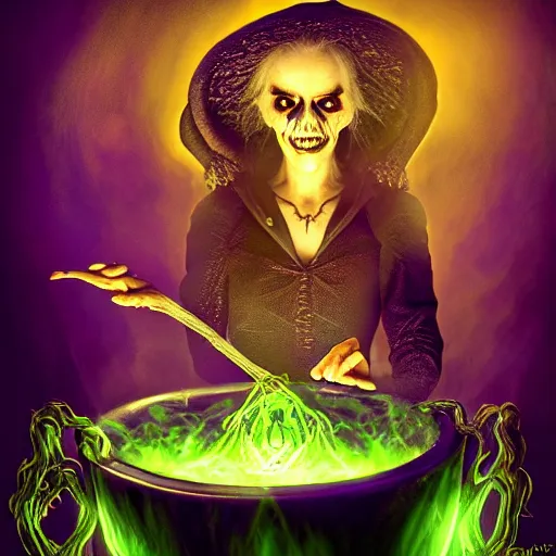 Image similar to a portrait of a scary ugly witch that is brewing a wicked potion in her cauldron that is marked with magical symbol that are glowing, highly detailed, digital photo, hdri, by christopher bretz and john carpenter, vivid colors, high contrast, 8 k resolution, intricate, photorealistic, smooth, psychedelic color scheme, concept art, award winning, cg society contest winner