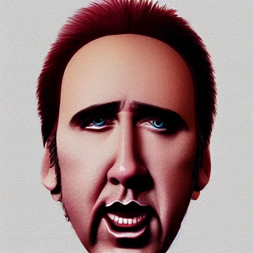 Image similar to nicolas cage looks like pomegranate, caricature concept art, artstation