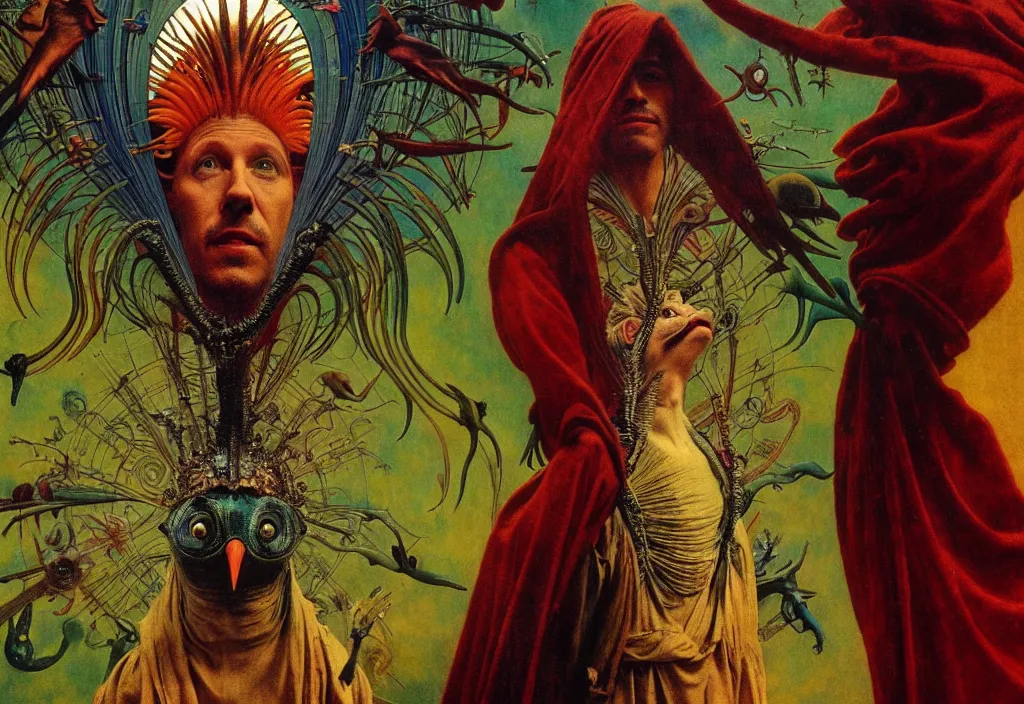 Prompt: realistic detailed portrait movie still of a birdman wearing dark robe, sci fi landscape background by denis villeneuve, amano, yves tanguy, alphonse mucha, max ernst, ernst haeckel, roger dean, masterpiece, rich moody colours, snarling dog teeth