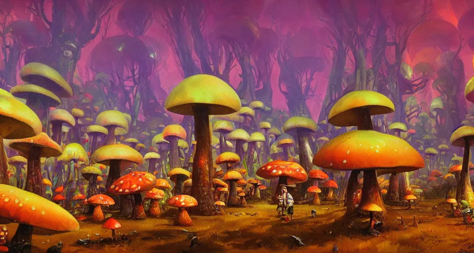 Prompt: A tribal village in a forest of giant mushrooms, by PAUL LEHR ,