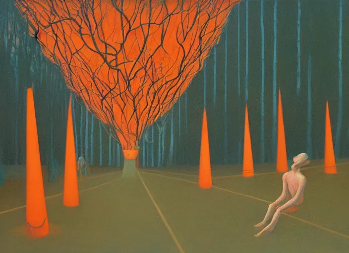 Image similar to a forest with a 5 orange cones scattered about, by surrealist james jean, in the style of francis bacon and edward hopper and beksinski