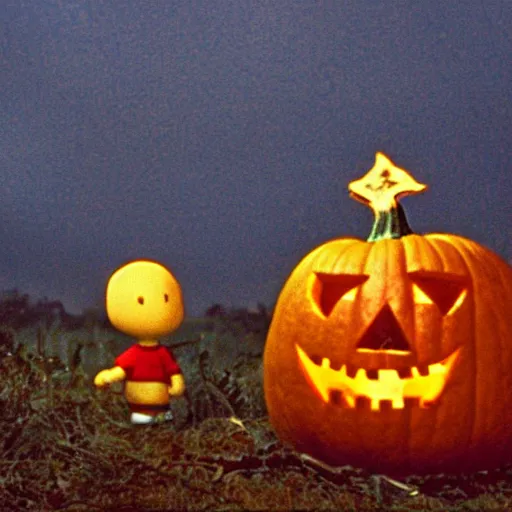 Image similar to pumpkin monster in the blair witch project, charlie brown and linus, night time, ominous,