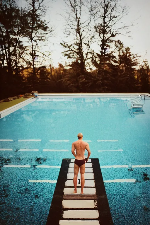 Image similar to mid distance photo of seth dusky standing on the diving board, 3 5 mm, highly detailed, color photo, cinematic lighting