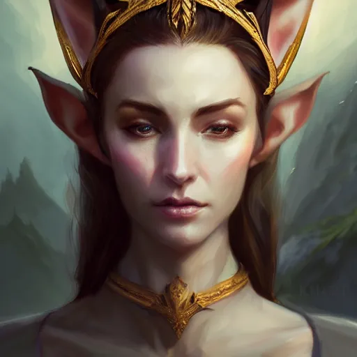 Image similar to Beautiful elegant regal high elf royalty portrait, face centered portrait, Confident, fog, volumetric lighting, beautiful, golden hour, sharp focus, ultra detailed, conceptartworld by Leesha Hannigan, Ross Tran, Thierry Doizon, Kai Carpenter, Ignacio Fernández Ríos