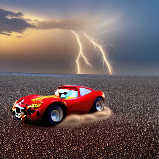 Prompt: lightning mcqueen car driving on wet sand on beach, evening, photo, 4 k, highly detailed
